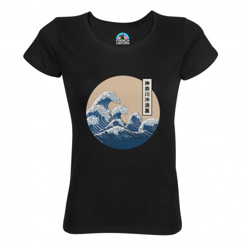 T-shirt Femme Col Echancré Hokusai Grandes Vagues Japon Asie Culture Mer