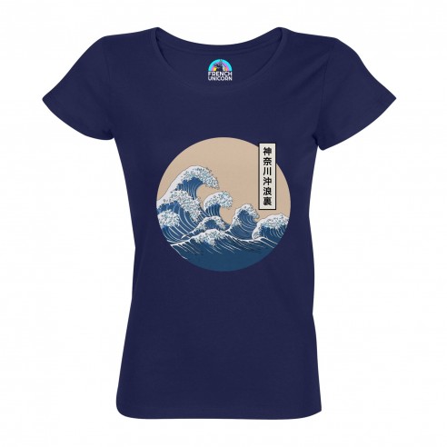 T-shirt Femme Col Echancré Hokusai Grandes Vagues Japon Asie Culture Mer