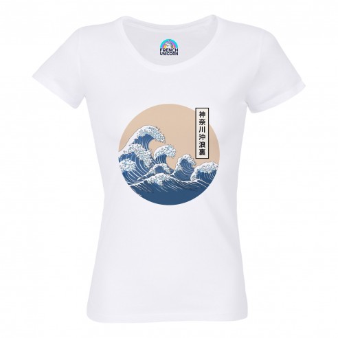 T-shirt Femme Col Echancré Hokusai Grandes Vagues Japon Asie Culture Mer