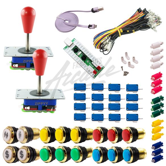 copy of Kit Arcade 2 Joueurs Lumineux Boutons Dorés Joysticks Zippyy Tige Longue Poire Carte XinMoTek